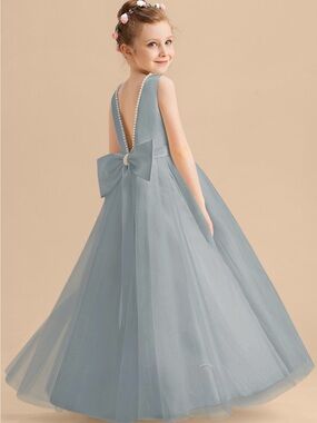 JJs House Dusty Blue Tulle Bow-Back Flower Girl Gown